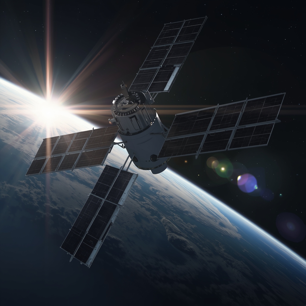 Prompt: A high-tech satellite deploying solar panels in deep space with lens flare, realistic 8k, no woman